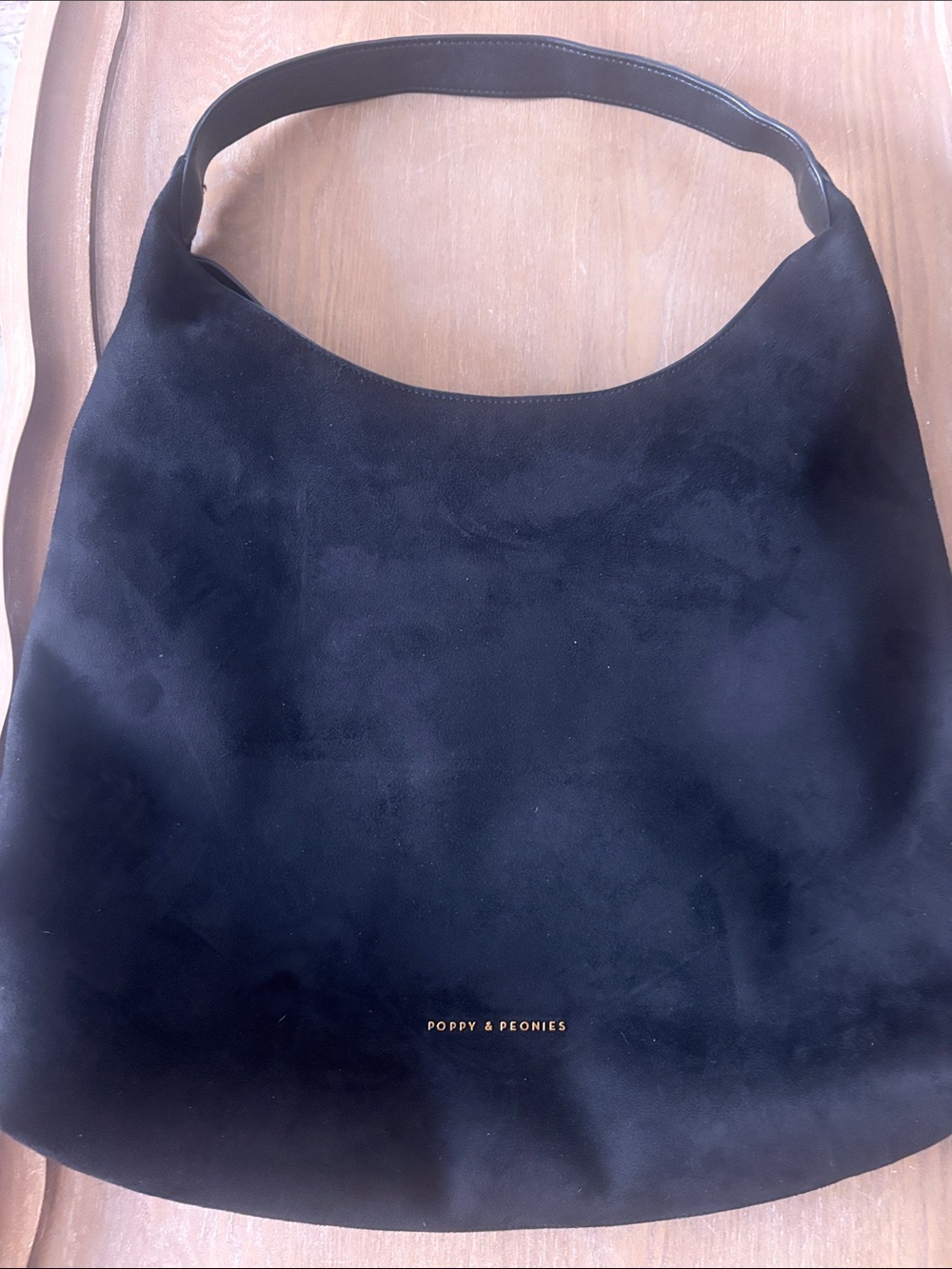 Poppy & Peonies Black Suede Shoulder Hobo with Gold Logo